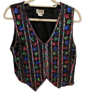 Vintage 80s Colorful Sequin Embellished Style Design Vest M 100% Silk